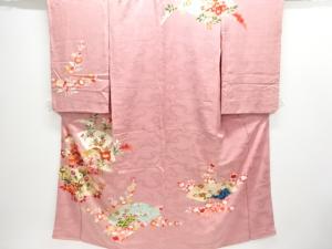 アンティーク　紋錦紗地紙に草花模様刺繍一ツ紋着物